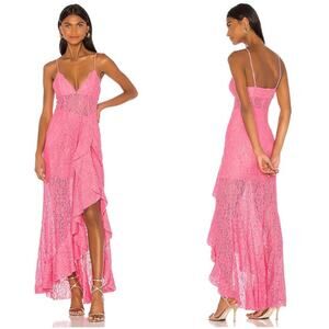 NWT NBD Sinatra V Neck Lace Ruffle Gown Dress in Cake Pink Size L